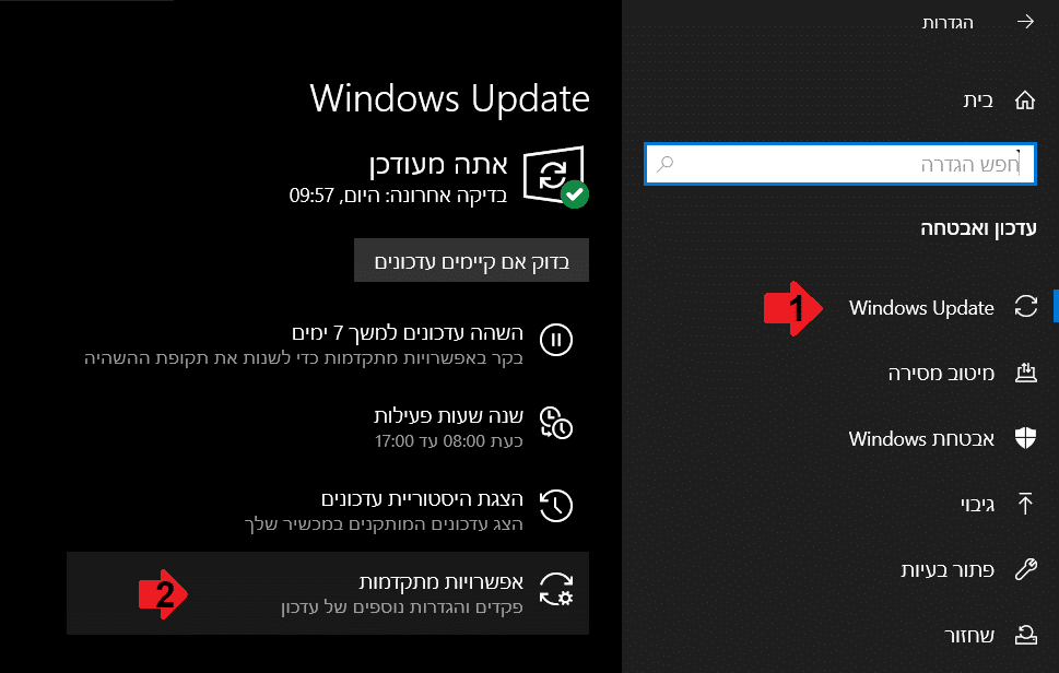 כניסה לאפשרויות מתקדמות של Windows Update