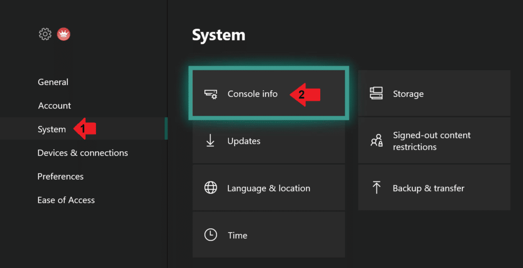 כניסה לפרטי קונסולה - Console info בקטגורית מערכת ב Xbox
