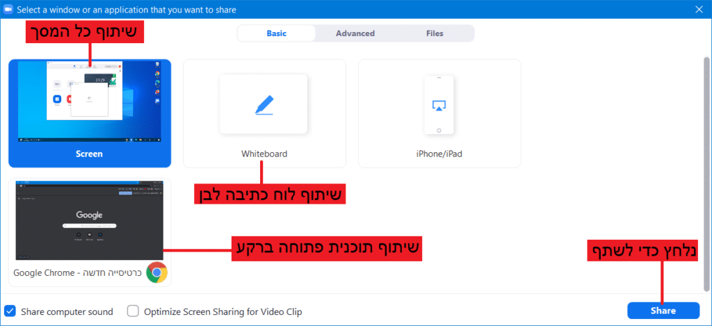 נלחץ Screen לשיתוף כל המסך, Whiteboard לשיתוף לוח כתיבה לבן או על תוכנית ואז נלחץ Share