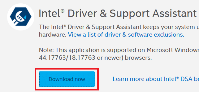 נלחץ Download now כדי להוריד את הכלי Intel Driver Support Assistant
