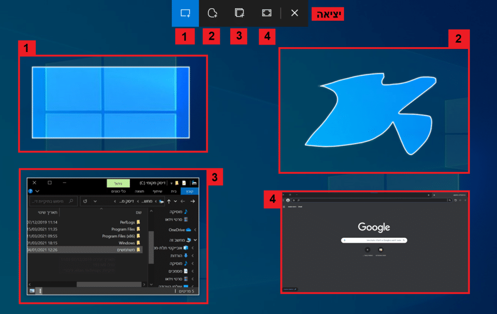 4 סוגי חיתוך שונים בעזרתם ניתן לצלם את המסך